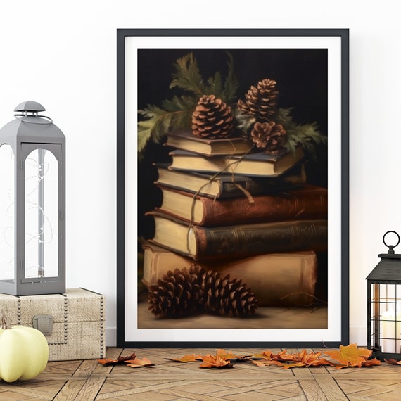 Rustic Christmas Art Book And Pinecones Art Still Life Vintage Christmas Decor Winter Oil Painting Moody Decor Holiday Poster 125