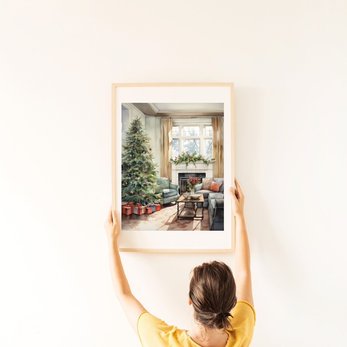 Cozy Christmas Living Room With Tree Fireplace Watercolor Poster - Image 6