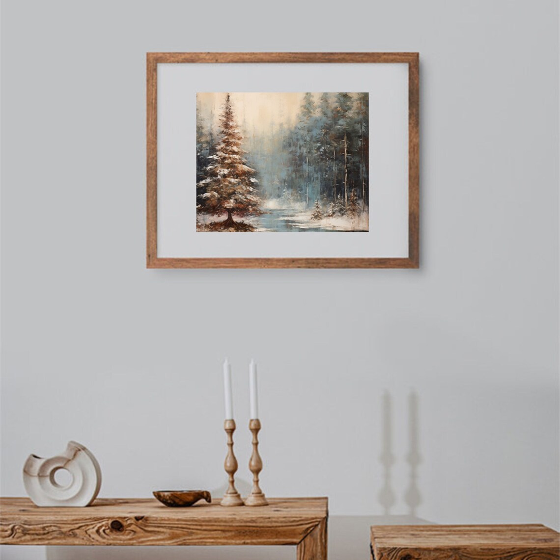 Snowy Evergreen in a Misty Winter Forest Moody Painting Poster - Image 6