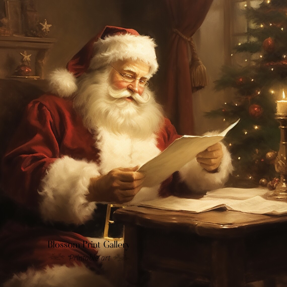 Santa Claus Reading Letters Vintage Christmas Night Painting Poster - Image 3