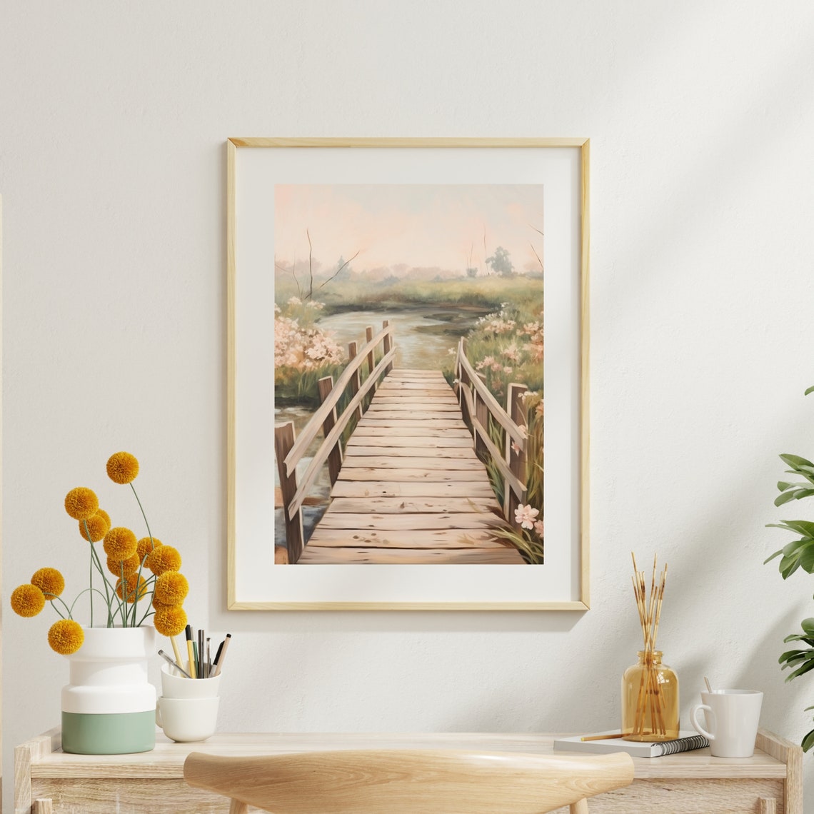 Wooden Footbridge over Stream with Wildflowers Painting Poster - Image 6