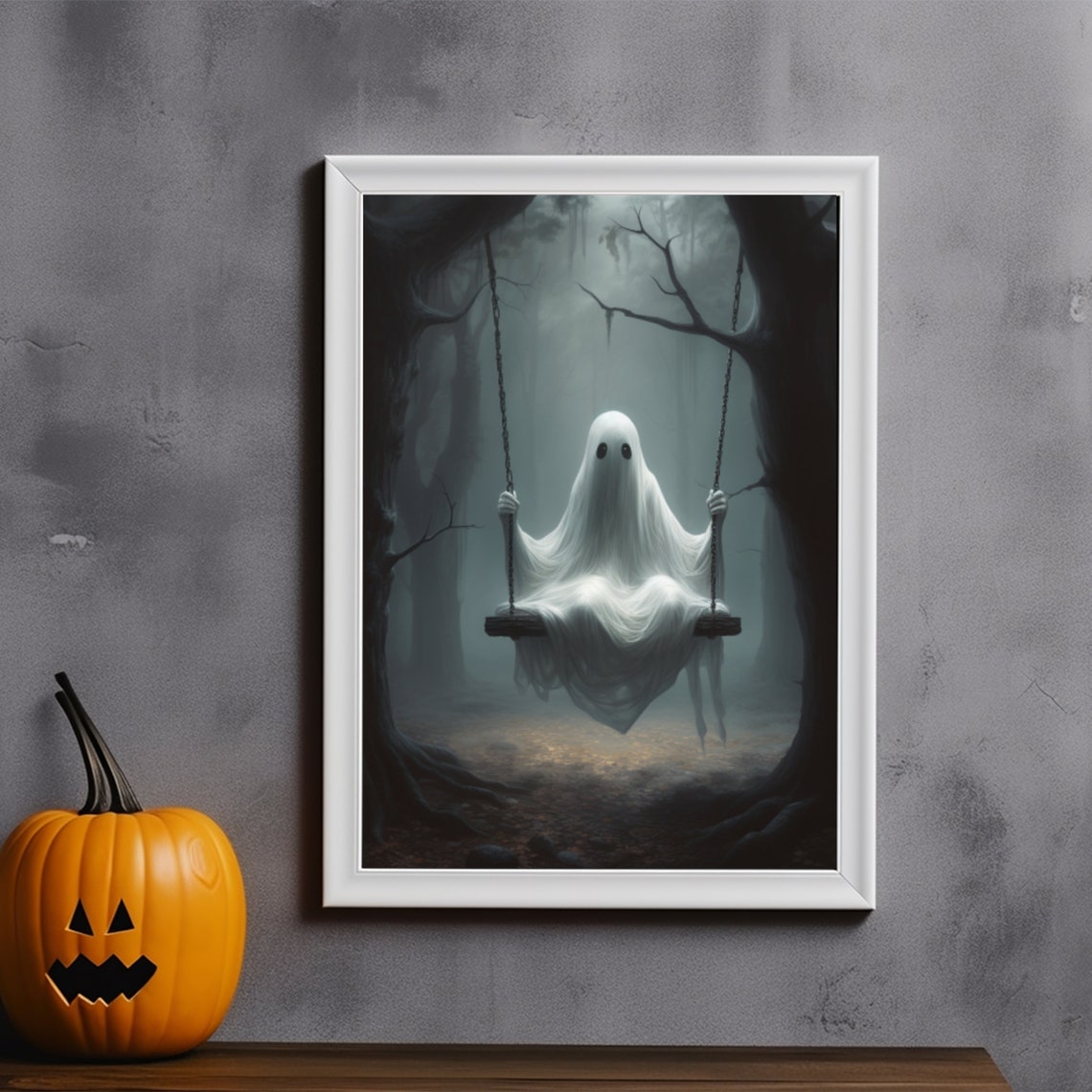 Ghost On The Swing Wall Art Spooky Vintage Gothic Cute Little Ghost Poster Special Halloween Ghost Face Decor Dark Academia Room
