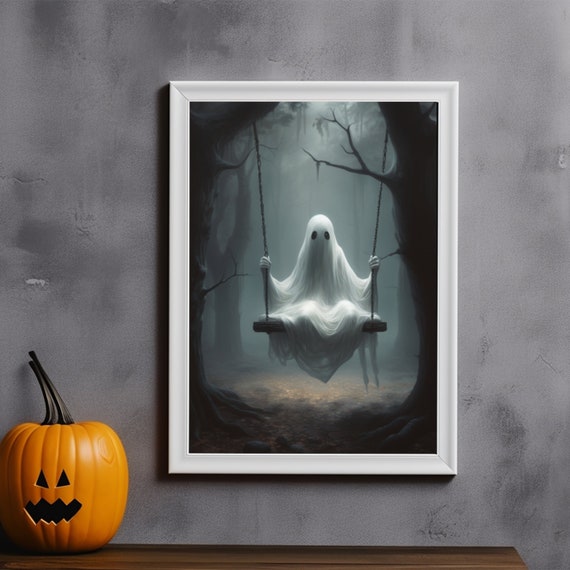 Ghost On The Swing Wall Art Spooky Vintage Gothic Cute Little Ghost Poster Special Halloween Ghost Face Decor Dark Academia Room