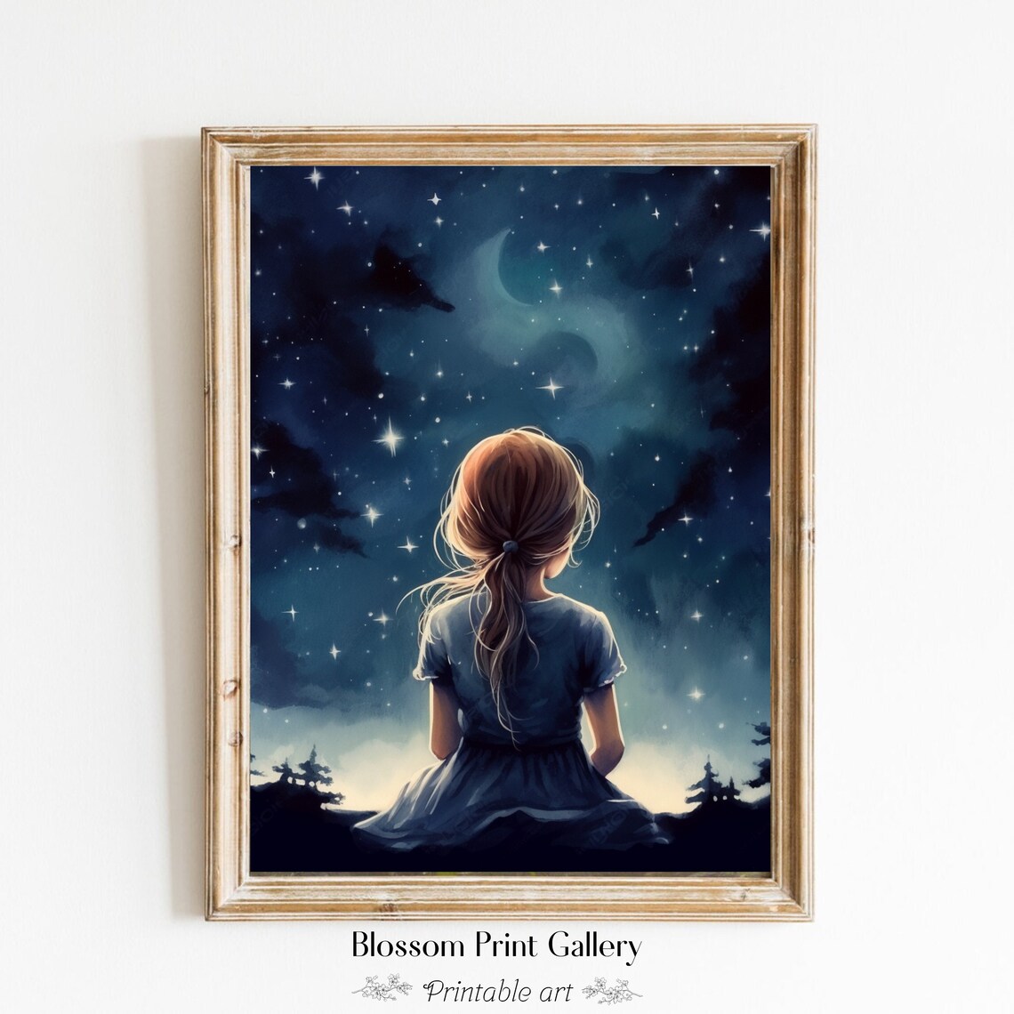 Star Gazing Girl Girls Room Wall Art Aesthetic Night Bright Sky Art Moody Decor Vintage Nursery Wall Art 299