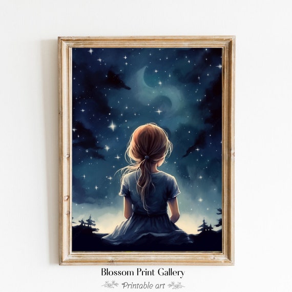 Star Gazing Girl Girls Room Wall Art Aesthetic Night Bright Sky Art Moody Decor Vintage Nursery Wall Art 299