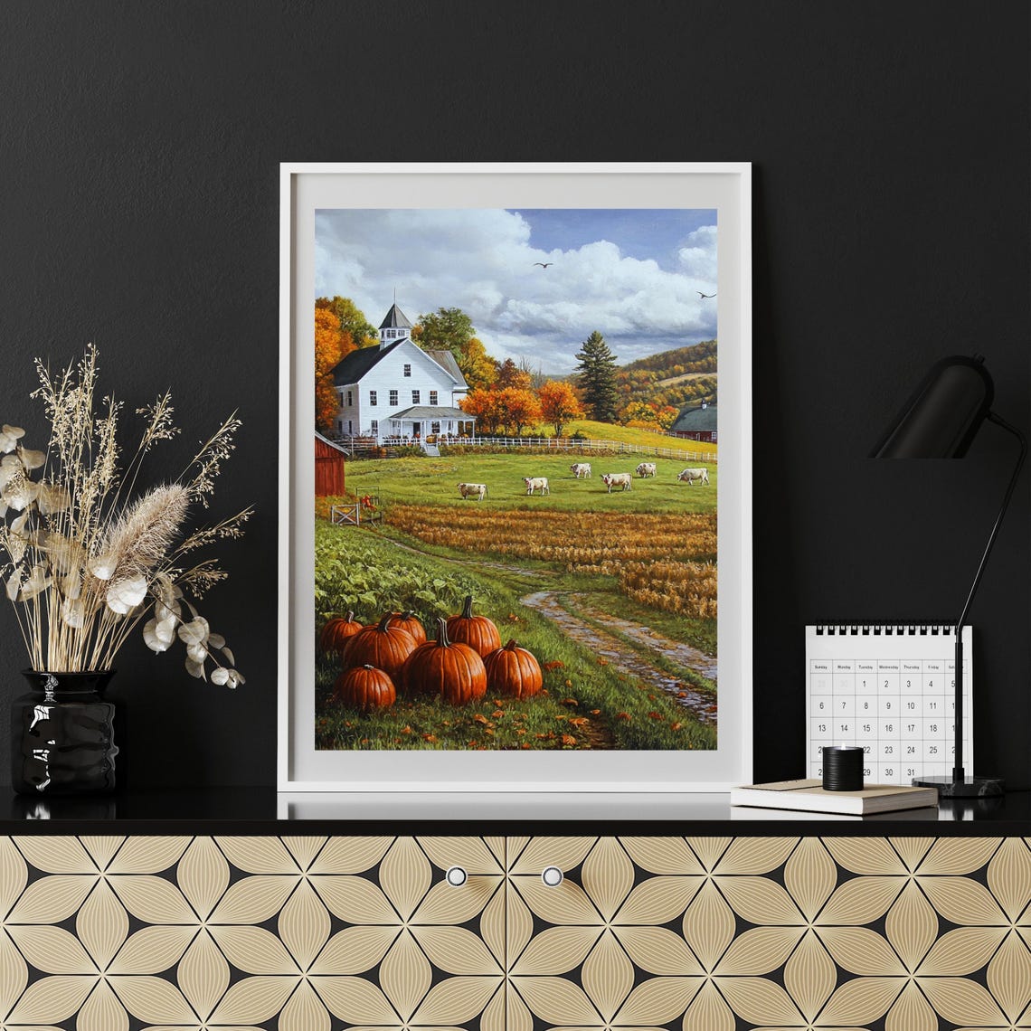 Autumn Farm Scene With White Farmhouse Cows And Pumpkins Poster - Image 4