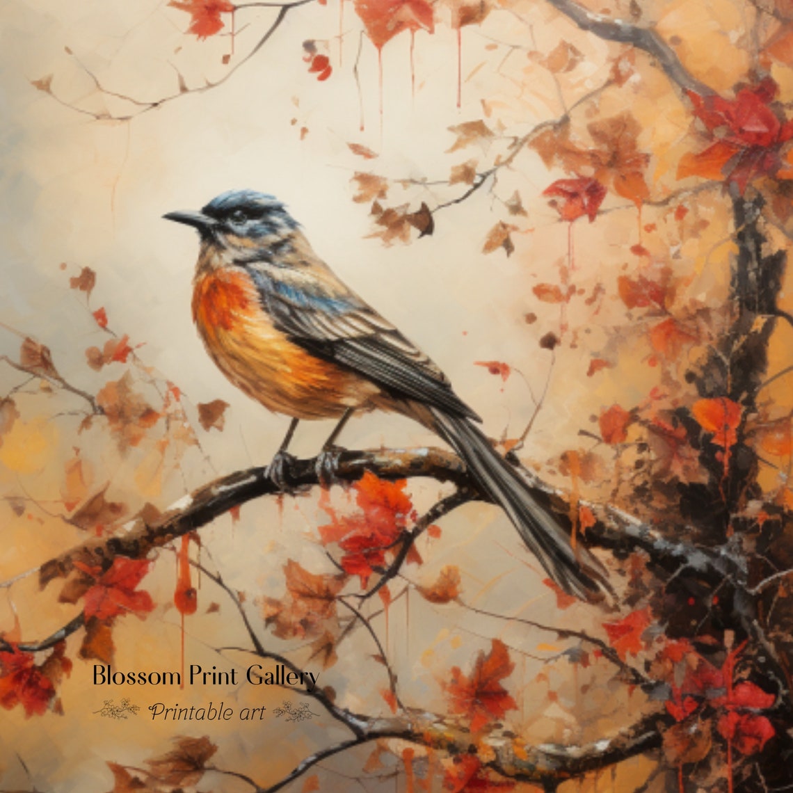 Orange Breasted Songbird On Autumn Branch Bird Painting Poster - Image 3