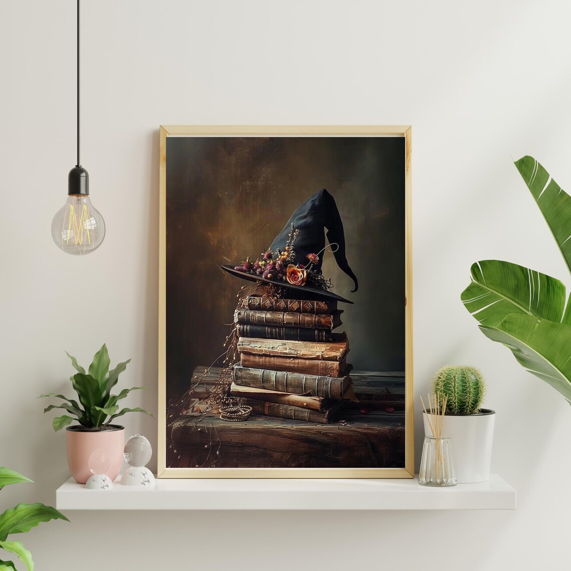 Witch Hat On Stack Of Antique Books Dark Halloween Painting Poster - Image 3