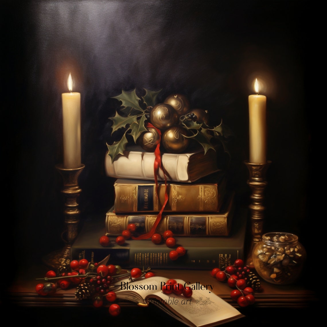 Candlelit Books Holly Berries Christmas Still Life Painting Poster - Image 3