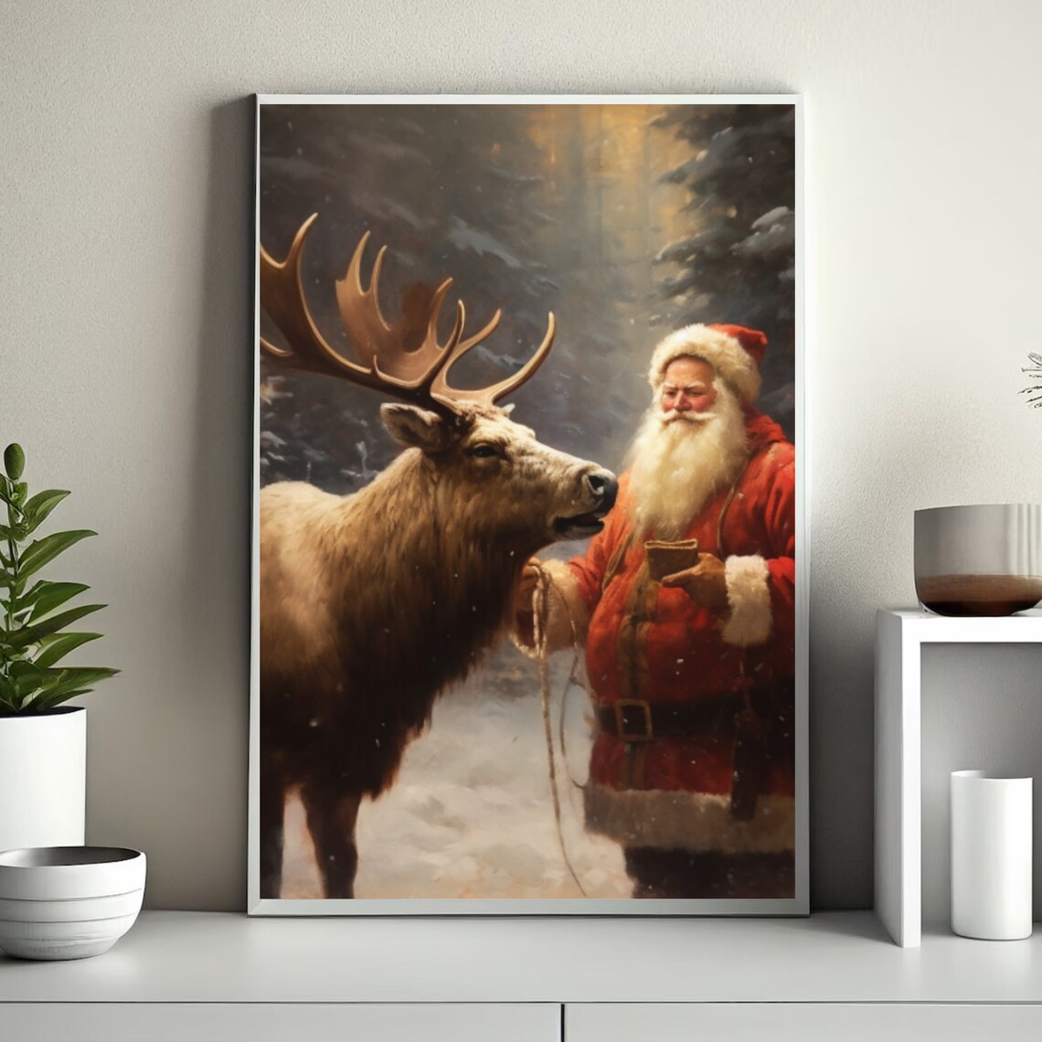 Santa Claus Feeding Reindeer in Snowy Forest Christmas Poster - Image 6