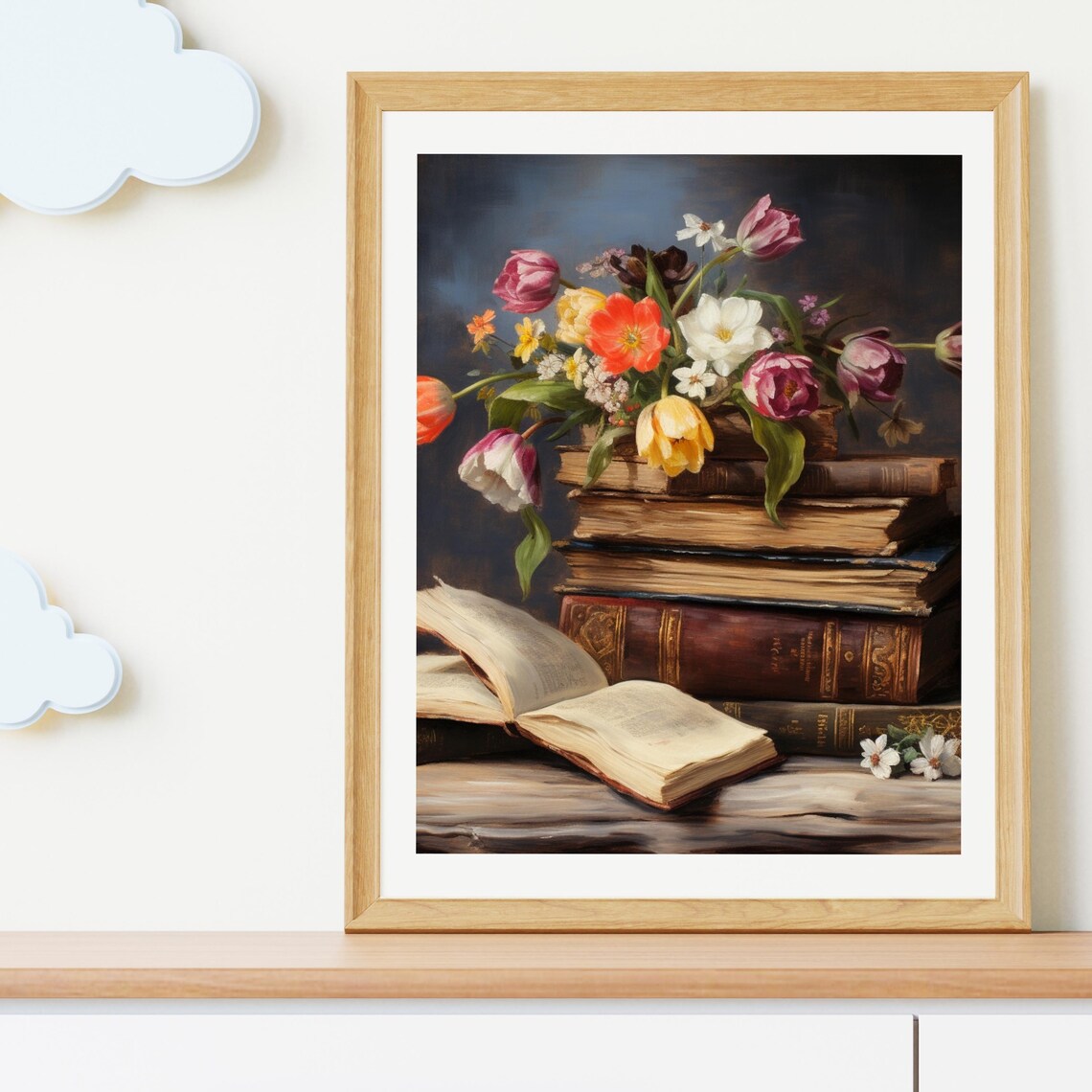 Antique Books with Blooming Tulips Dark Academia Still Life Poster - Image 5