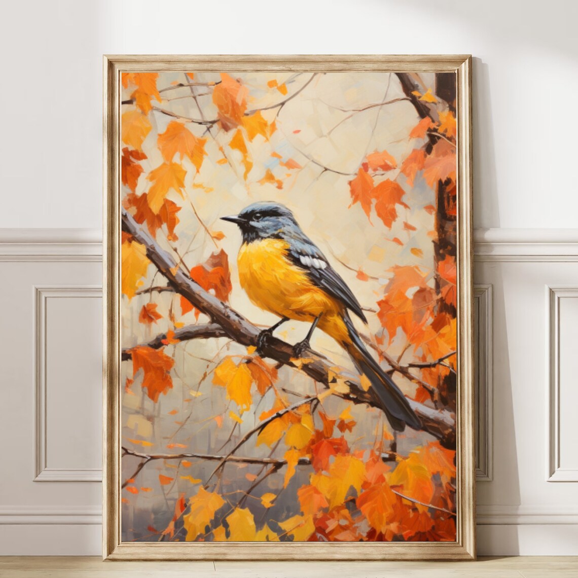 Yellow Breasted Songbird On Branch Autumn Leaves Wildlife Art Poster - Image 6
