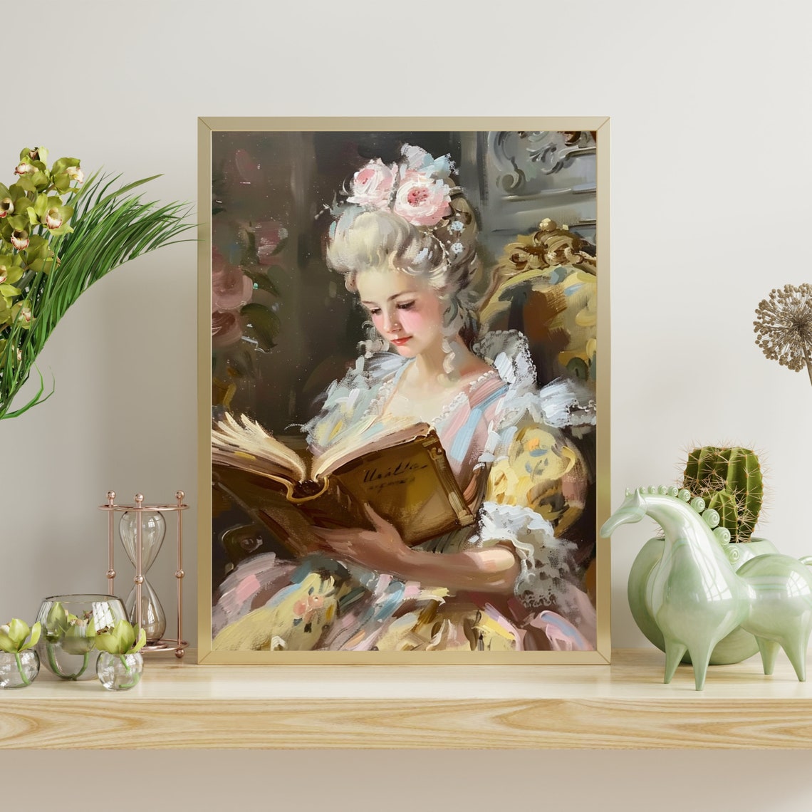 Rococo Lady Reading A Book Pink Pastel Floral Portrait Art Poster - Image 3