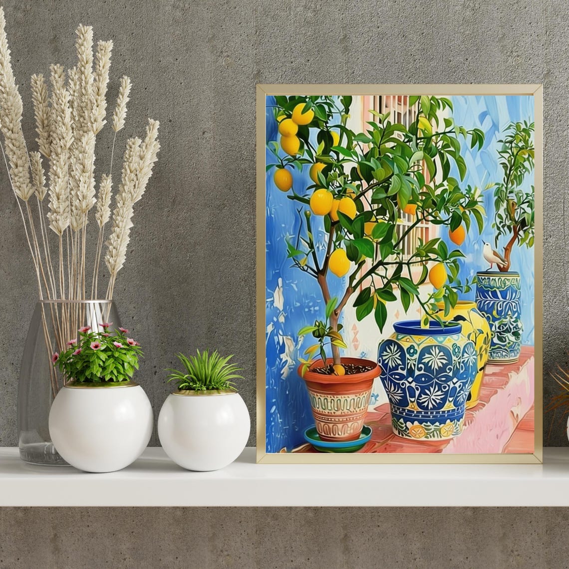 Potted Lemon Trees Blue Ceramic Pots Mediterranean Citrus Art Poster - Image 5