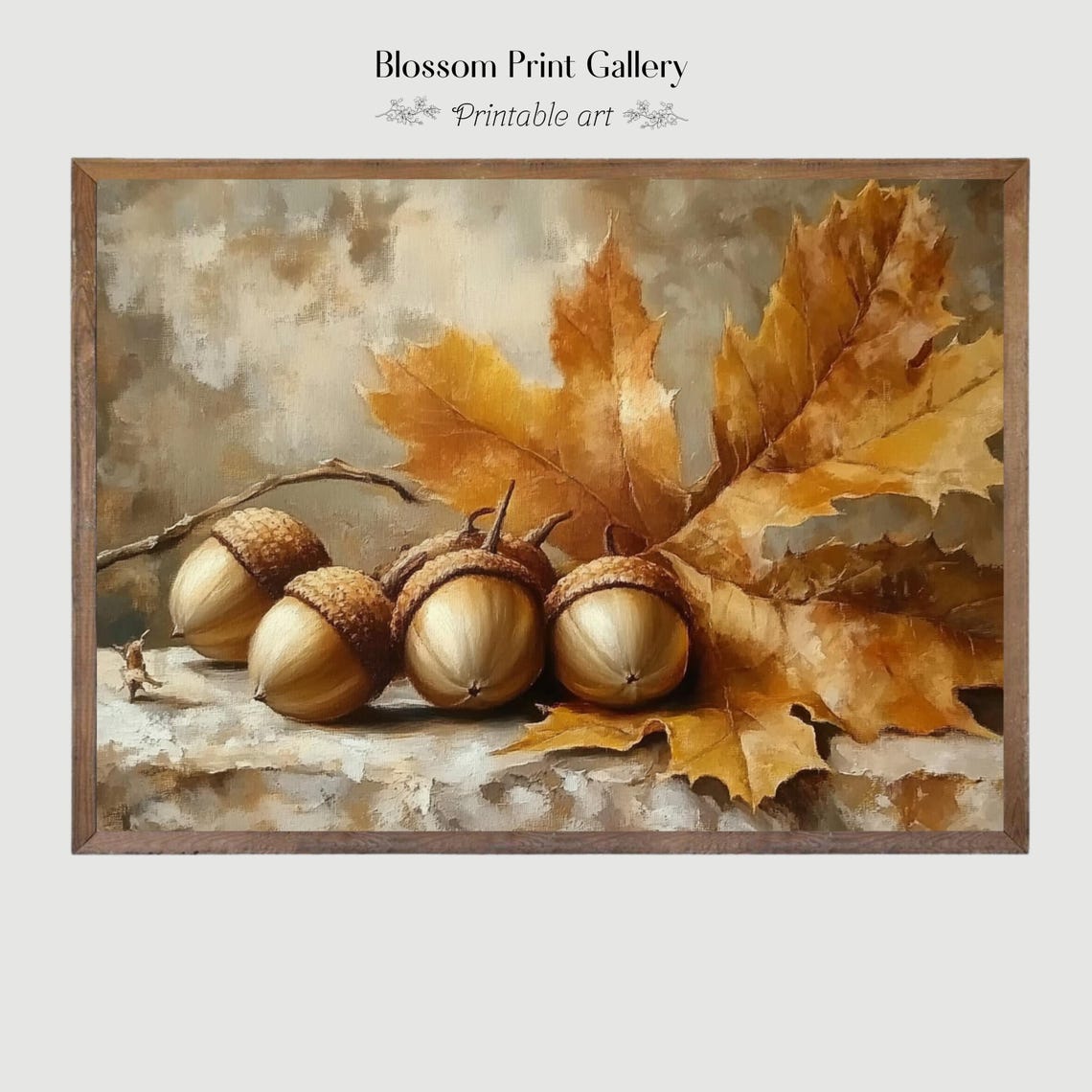 Acorns and Golden Oak Leaves Rustic Fall Still Life Wall Art