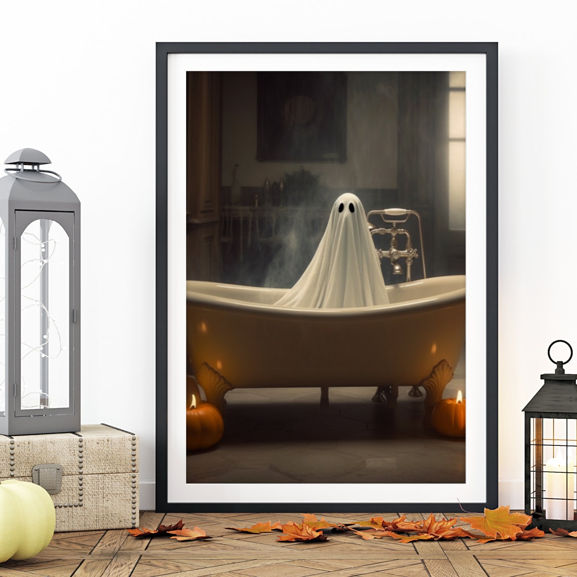 Ghost In Vintage Clawfoot Bathtub With Pumpkins Spooky Poster - Image 6