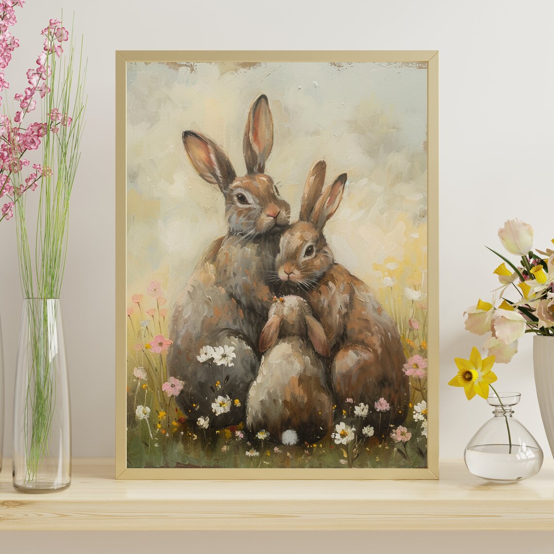Vintage Rabbit Family Painting, Rustic Easter Art Print - Image 5