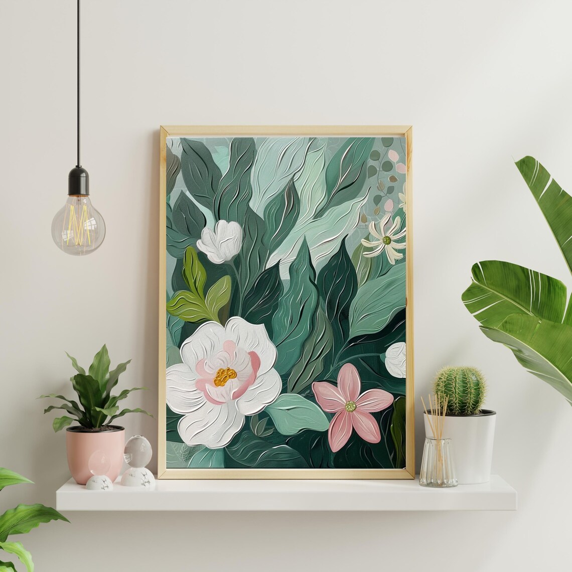 Sage Green Botanical with White Magnolias Oil Painting Poster - Image 3