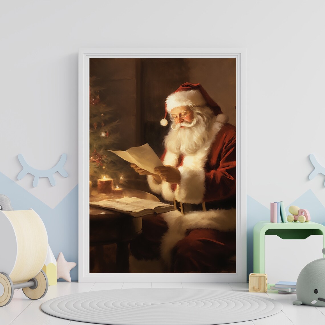Santa Claus Reading Christmas Letter by Candlelight Vintage Oil Poster - Image 4