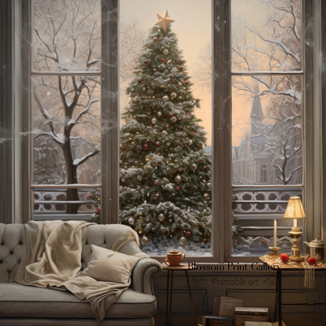 Cozy Armchair by Window with Snowy Christmas Tree Painting Poster - Image 3
