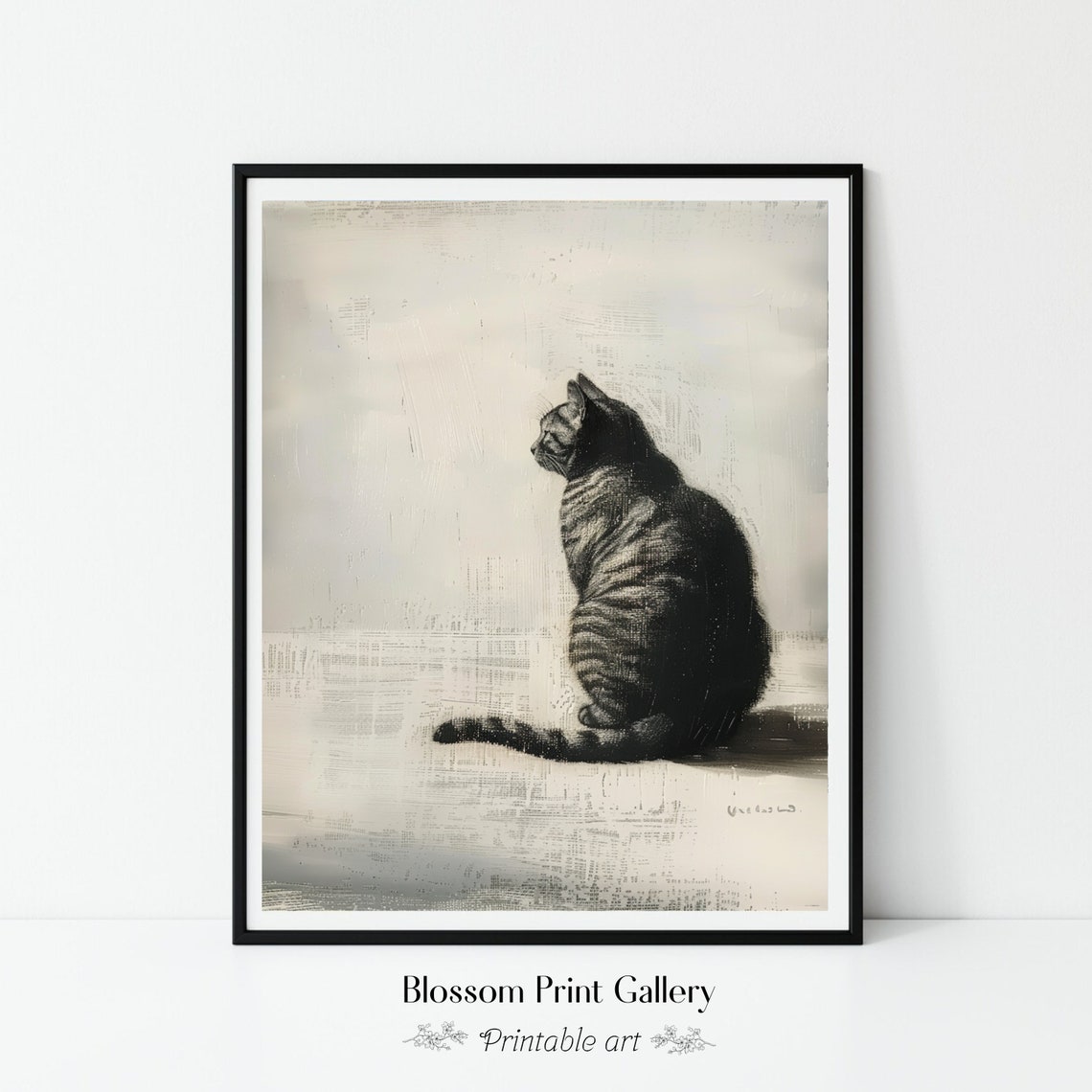 Charcoal Sketch Tabby Cat Seated Profile Minimalist Art Poster