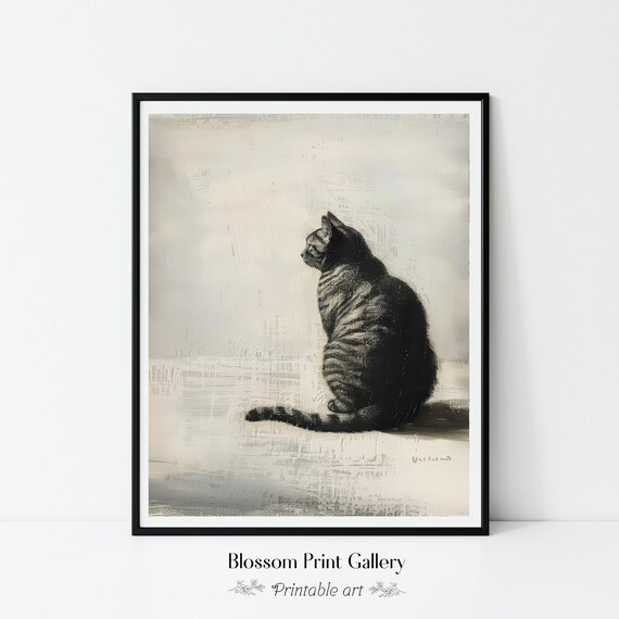 Charcoal Sketch Tabby Cat Seated Profile Minimalist Art Poster