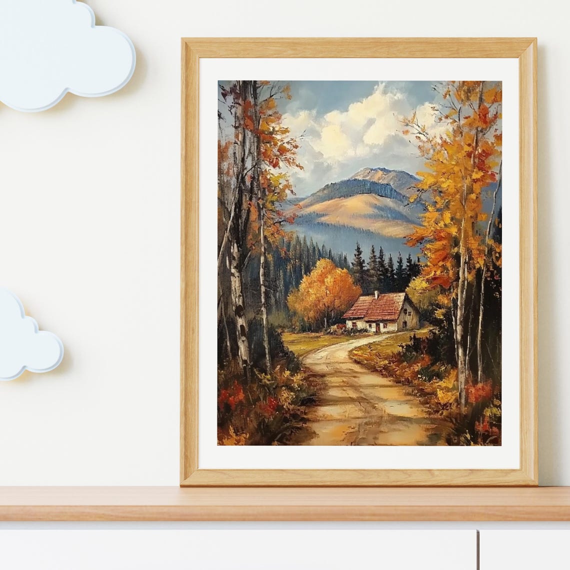 Autumn Cabin Path Through Golden Birch Trees Fall Art Poster