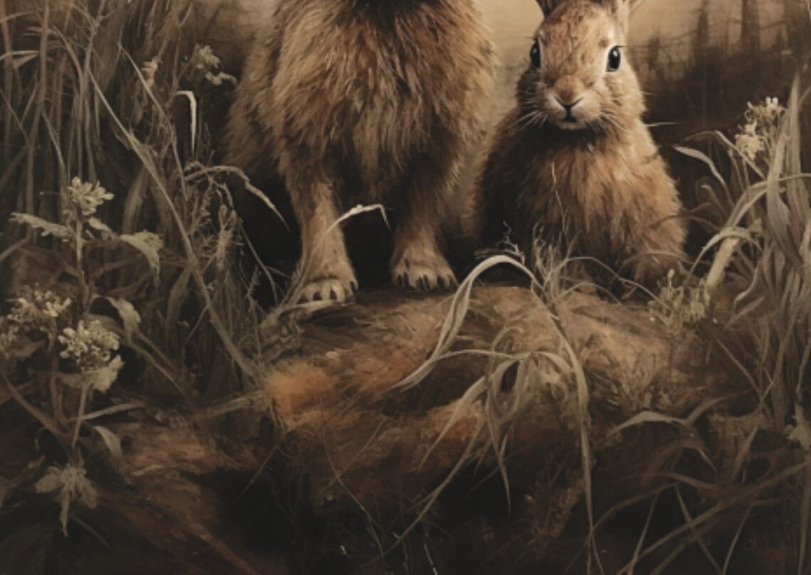 Pair Of Hares In Golden Field Vintage Wildlife Painting Poster - Image 3