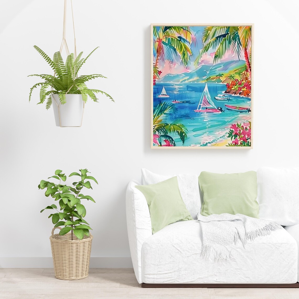 Tropical Beach Palm Trees Sailboats Bright Watercolor Poster - Image 6