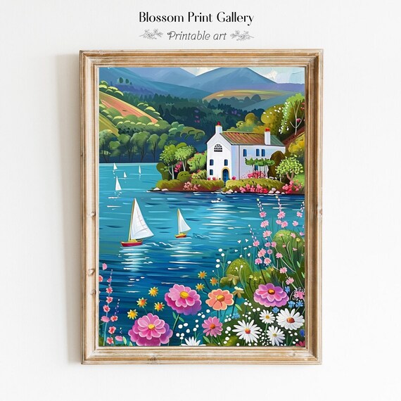 Lakeside Cottage Sailboats Colorful Flower Garden Summer Poster