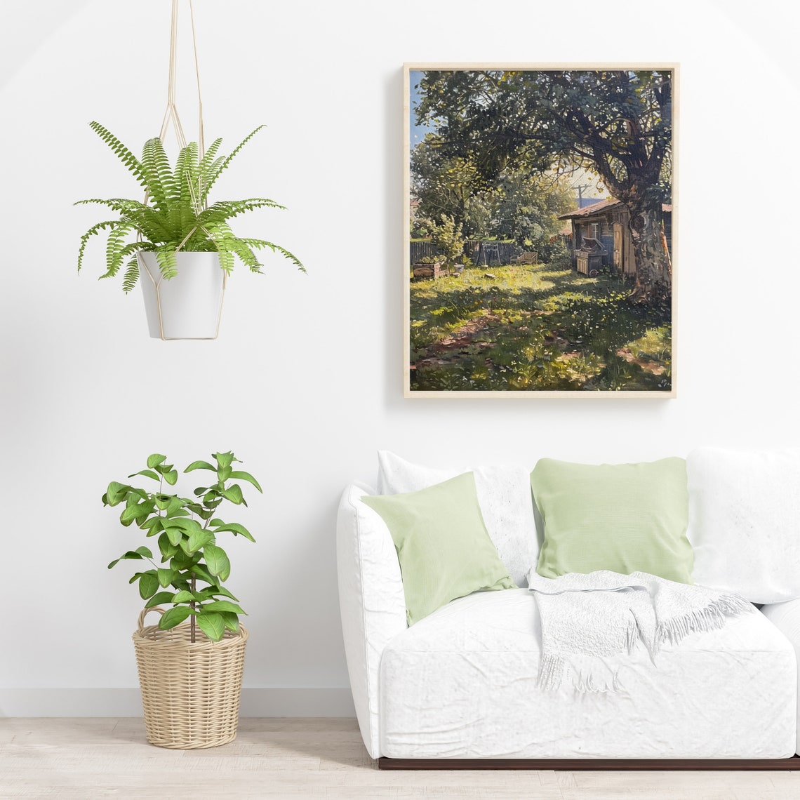 Sunlit Country Garden with Rustic Cabin under Big Tree Painting Poster - Image 5