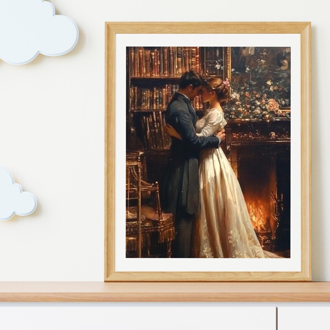 Romantic Couple Kiss Library Fireplace Vintage Love Painting Poster - Image 3