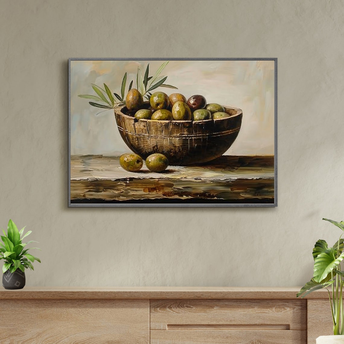 Rustic Wooden Bowl Of Green Olives With Olive Branches Print - Image 6