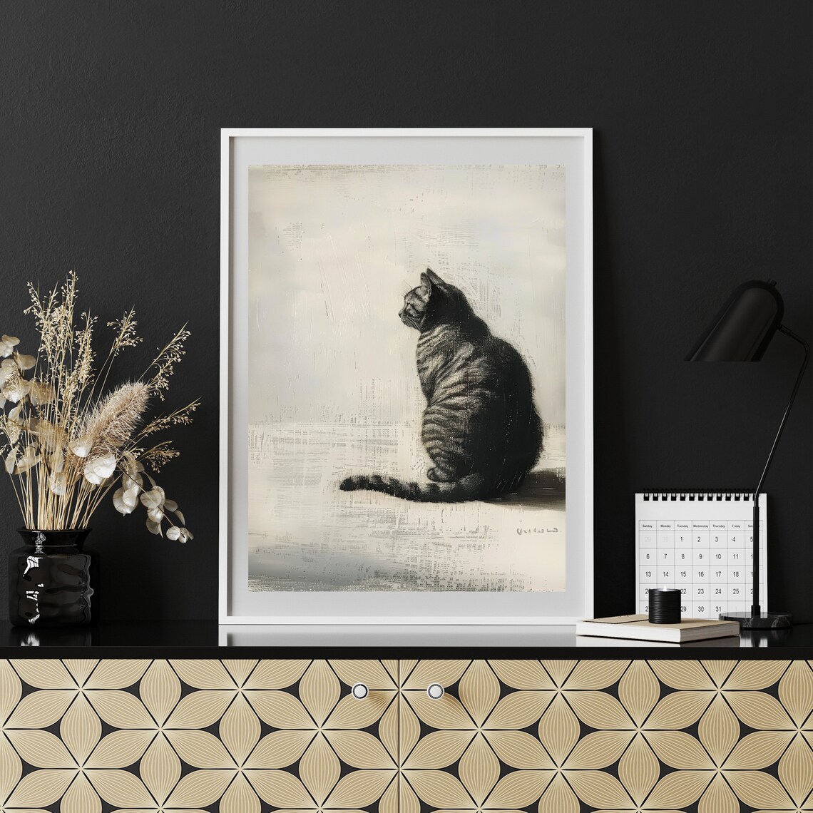 Charcoal Sketch Tabby Cat Seated Profile Minimalist Art Poster - Image 2