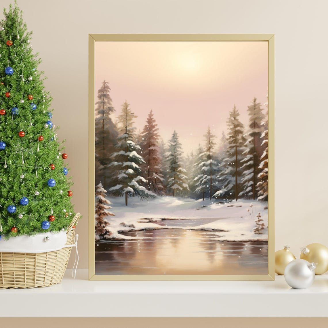 Snowy Pine Forest Stream At Dusk Winter Nature Landscape Poster - Image 2