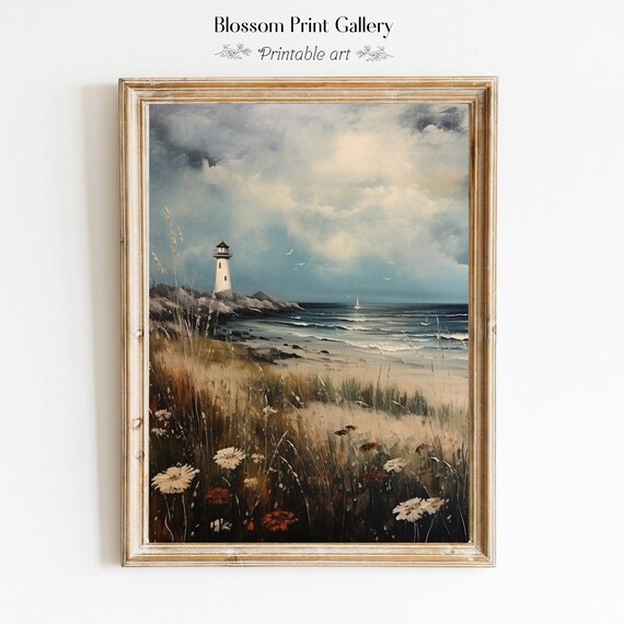 Moody Lighthouse on Rocky Coast Seascape Oil Painting Poster