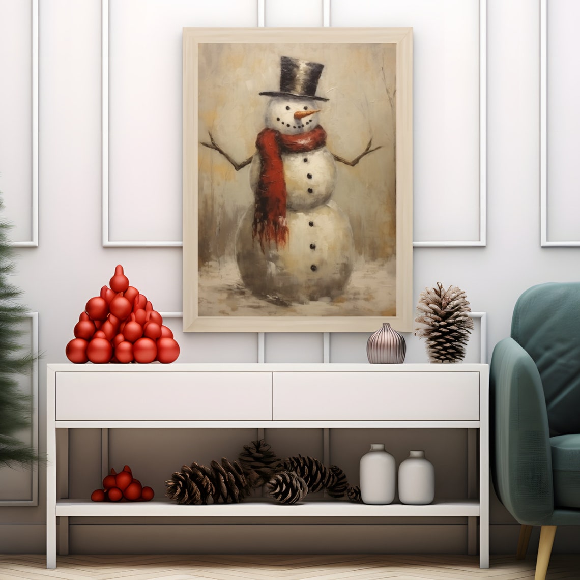 Vintage Snowman in a Top Hat and Red Scarf Christmas Wall Art - Image 4