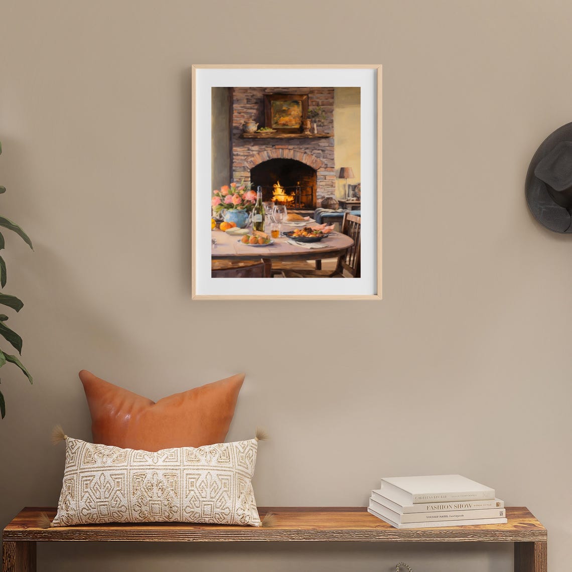 Cozy Dining Table Set Before Crackling Stone Fireplace Poster - Image 4