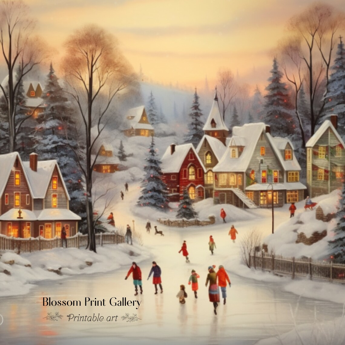 Snowy Winter Village Ice Skating at Golden Dusk Painting Poster - Image 3