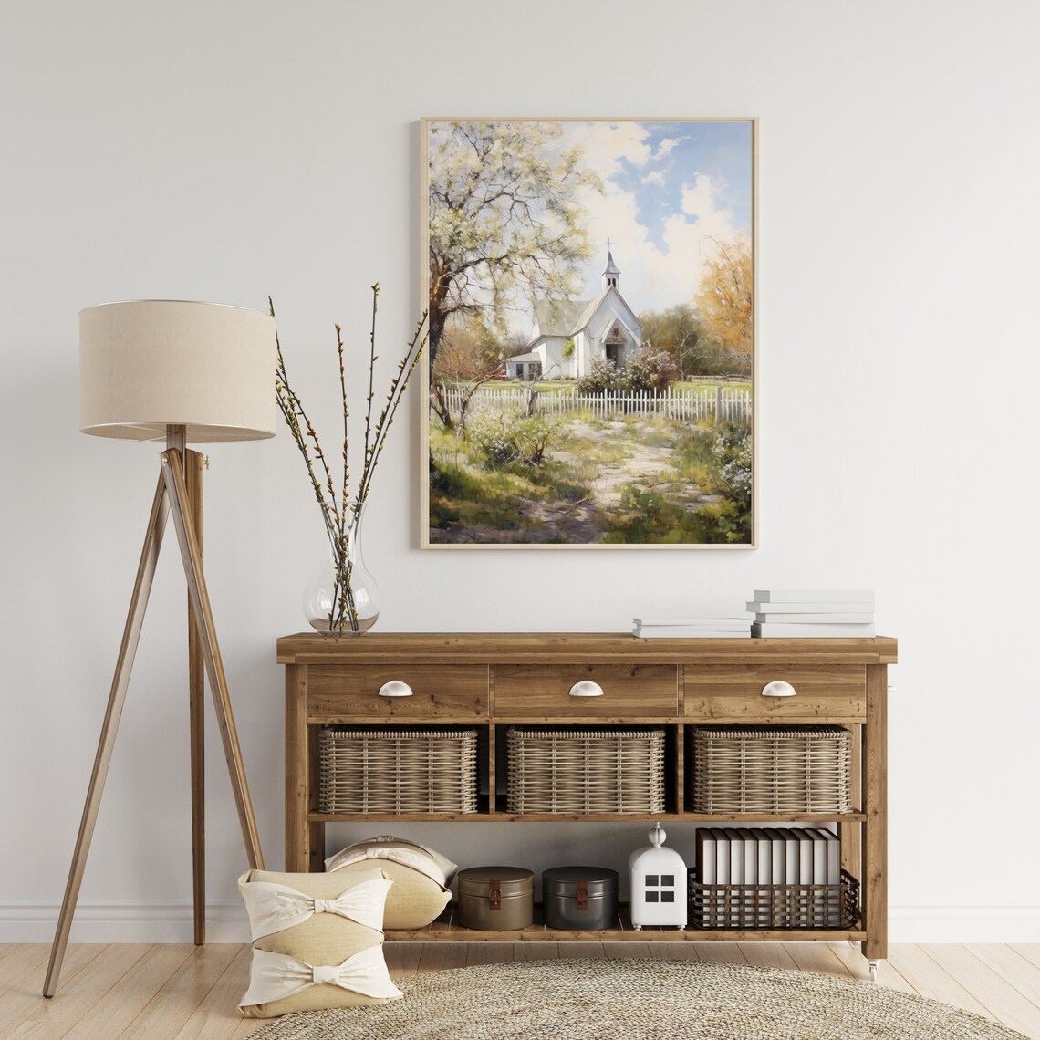 Vintage Old Church Print Spring Landscape Oil Painting Farmhouse Decor Living Room Wall Art Country Scenery 516 - Image 4