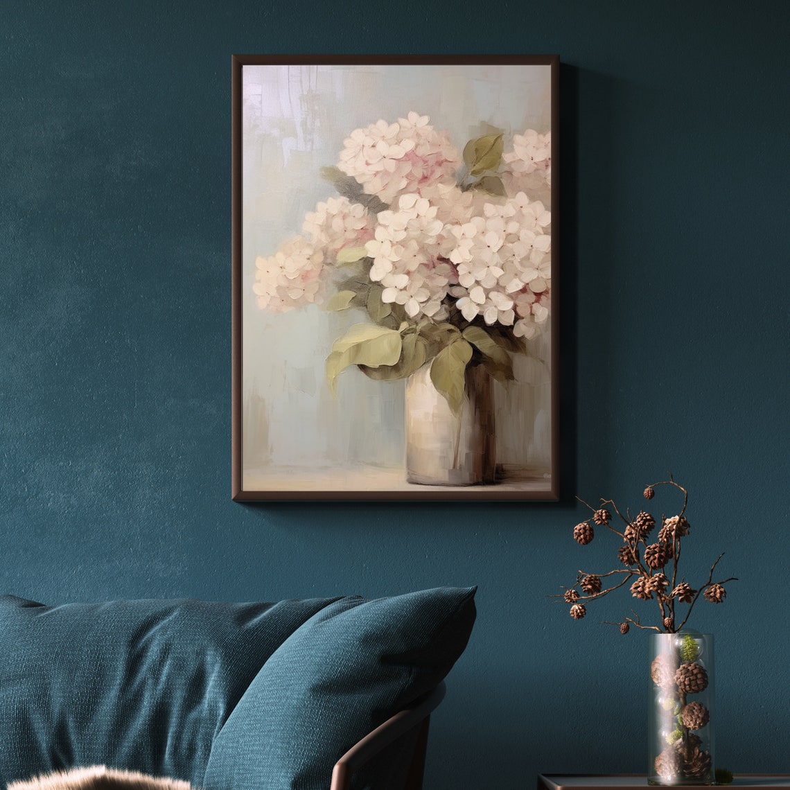 Pale Pink Hydrangeas In A White Vase On A Soft Muted Background Print - Image 6