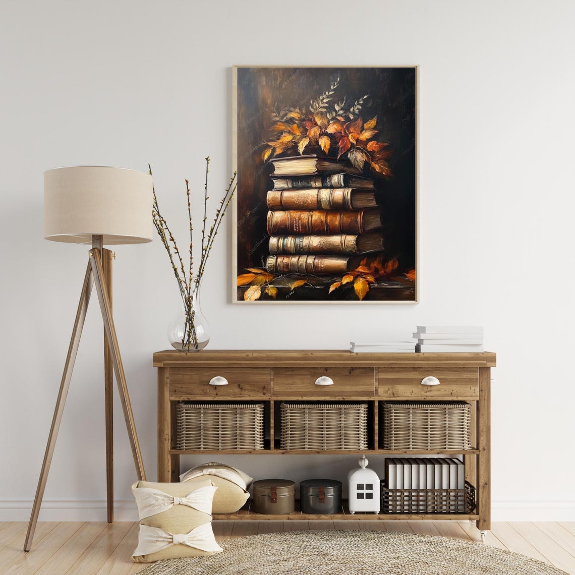 Antique Books Stack Autumn Leaves Moody Dark Still Life Poster - Image 4