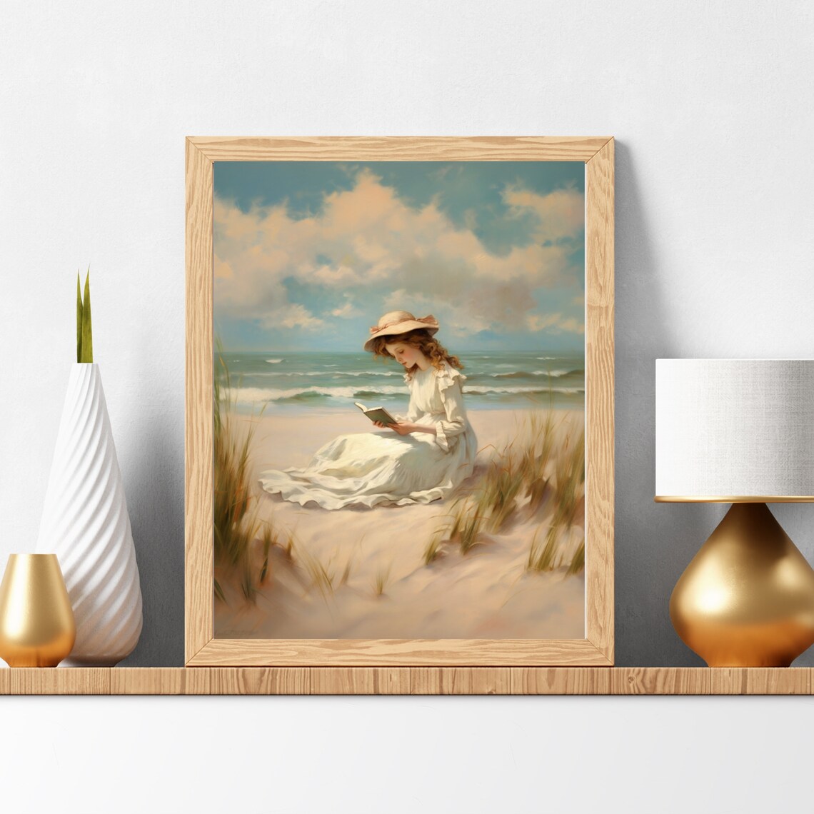 Woman Reading A Book On A Sunny Beach In White Dress Art Poster - Image 5