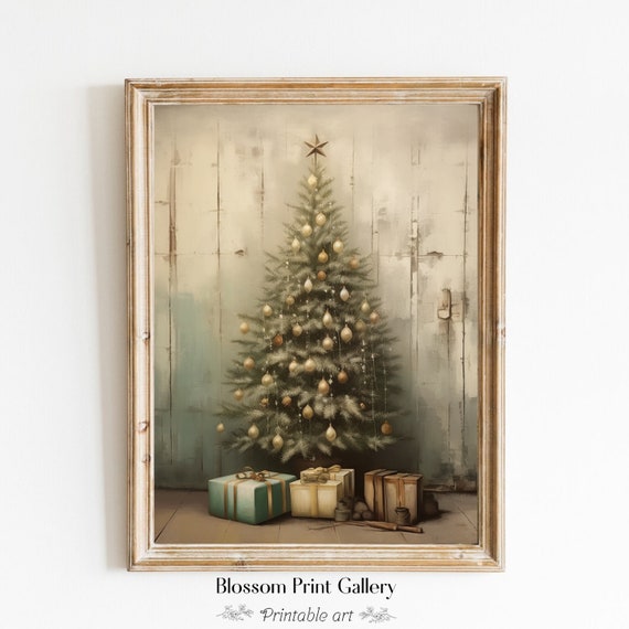 Christmas Tree Painting Minimalist Xmas Wall Art Nature Muted Neutral Moody Rustic Christmas Decor 181