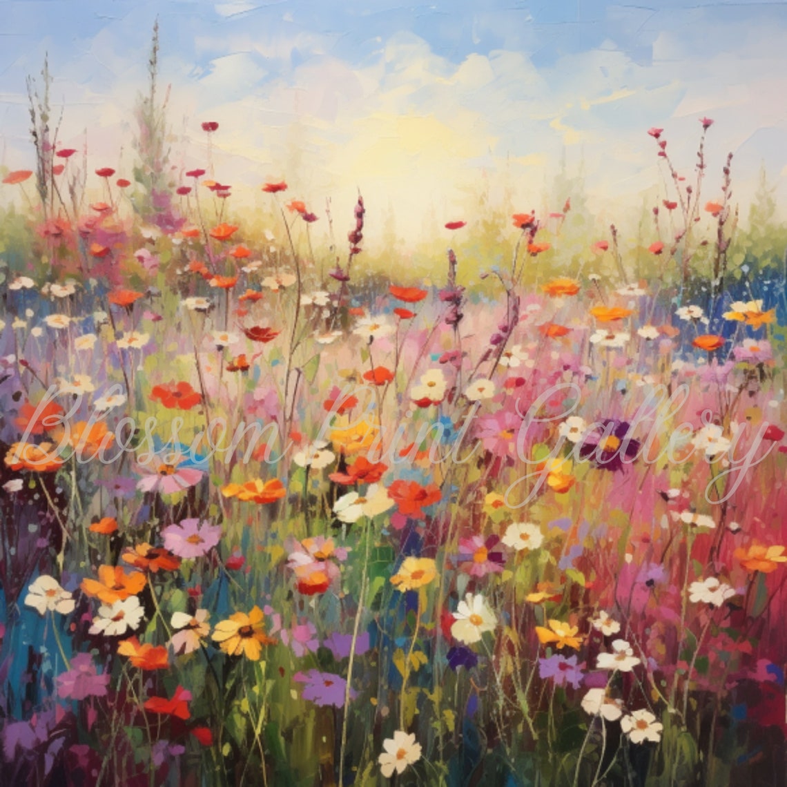 Vibrant Wildflower Field Sunset Impressionist Meadow Art Poster - Image 2