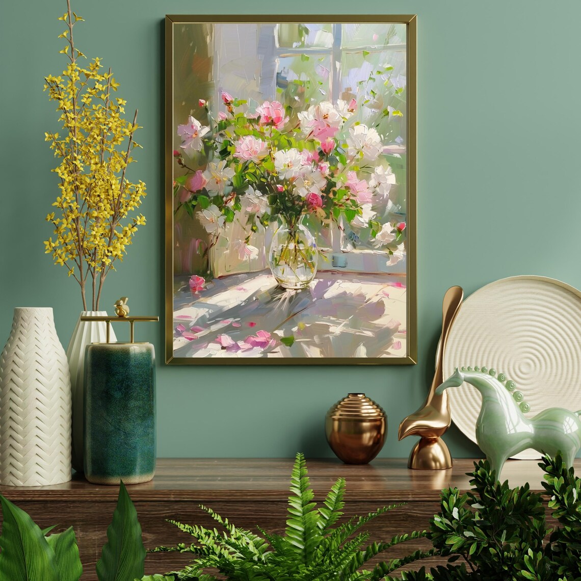 Sunlit Pink Roses in Glass Vase by Window Impressionist Floral Painting Poster - Image 6