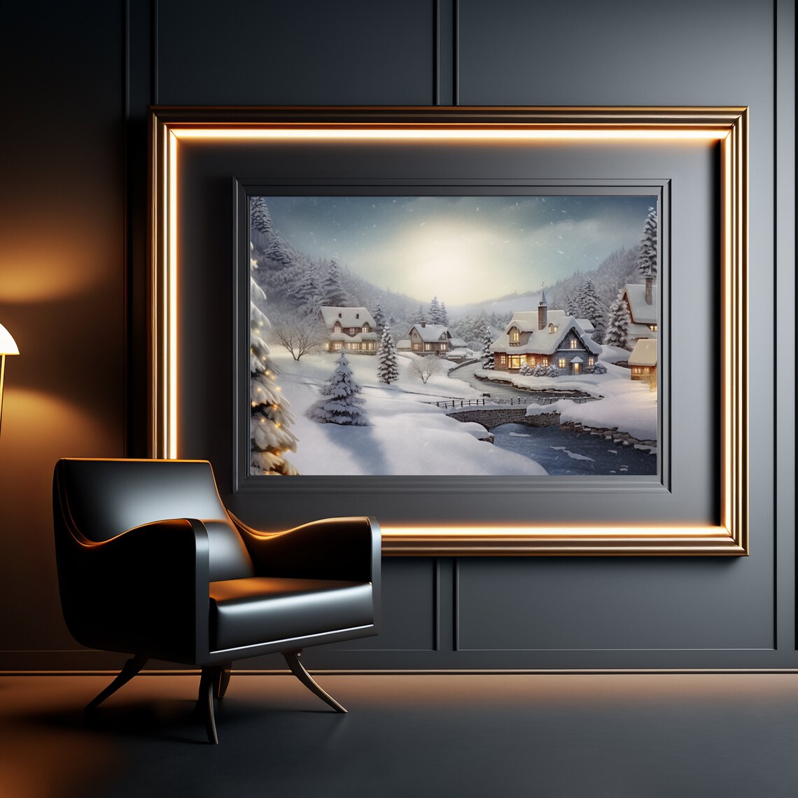 Snowy Christmas Village with Bridge at Dusk Winter Painting Poster - Image 5