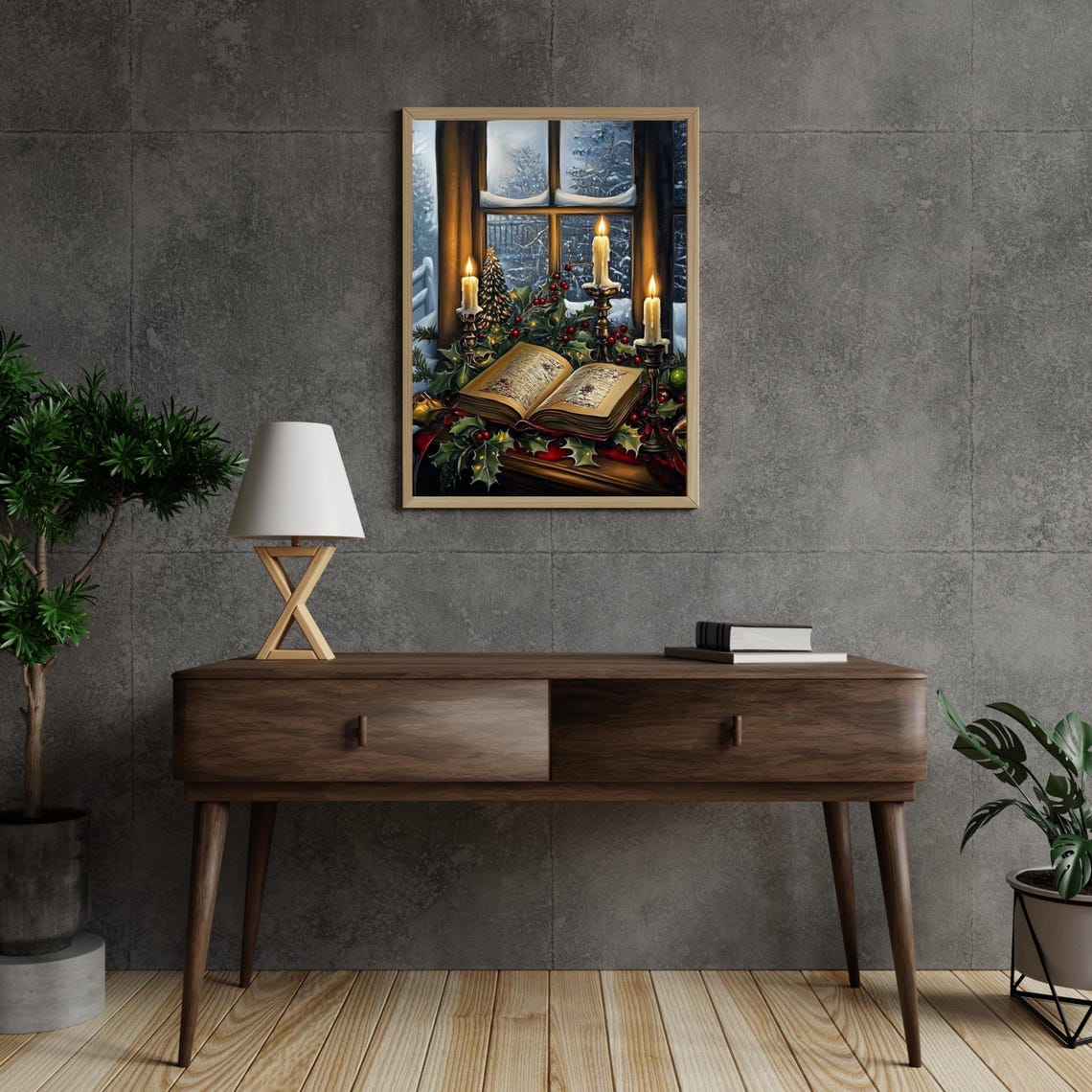 Vintage Christmas Wall Art Book Art Still Life Vintage Christmas Oil Painting Dark Academia Moody Decor Window Sill Painting 747 - Image 2