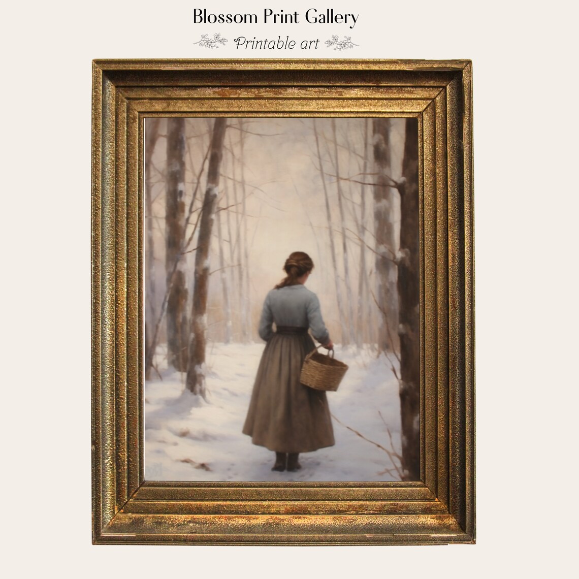 Woman With Wicker Basket Walking Through A Snowy Birch Forest Poster - Image 5