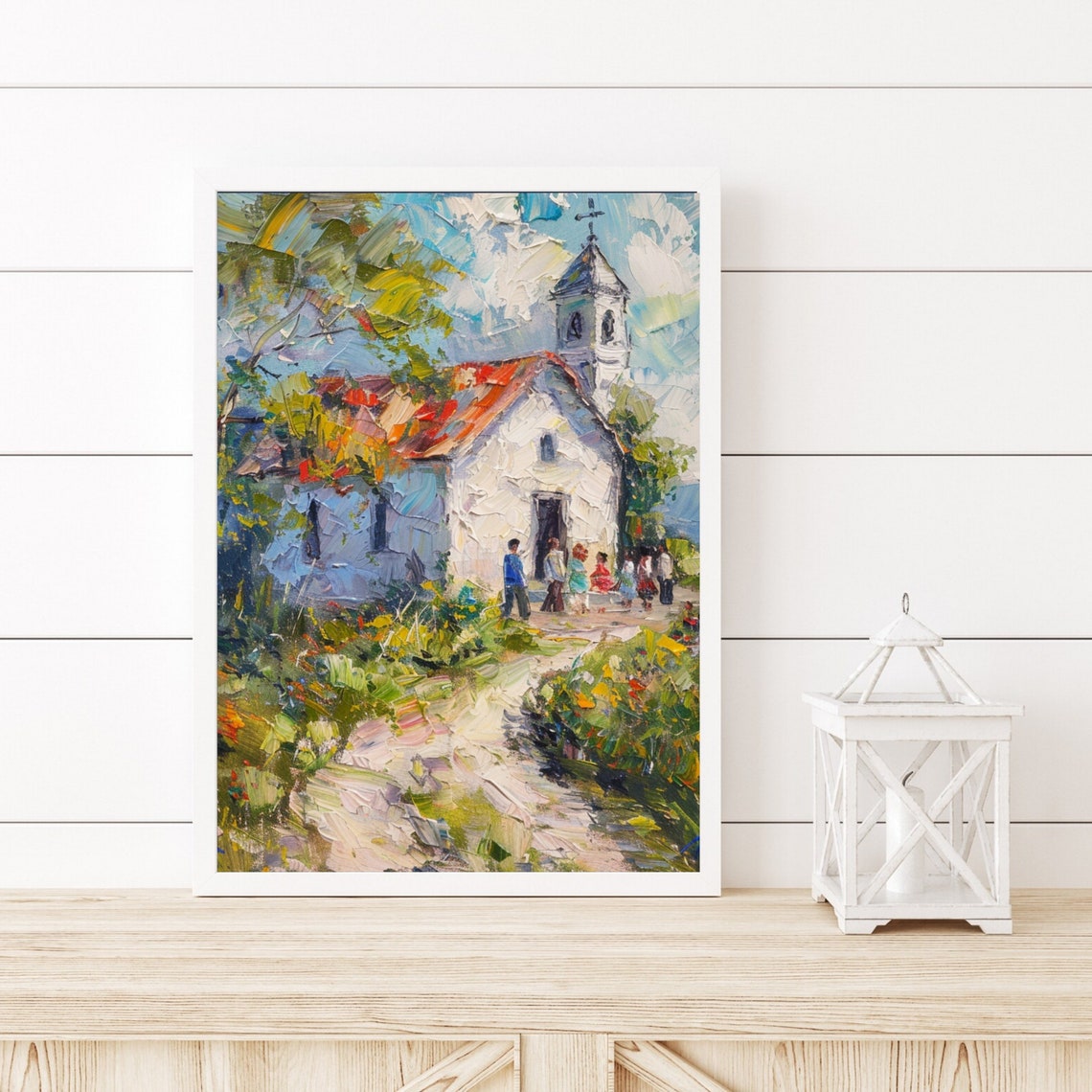 Village Church with Red Roof Impasto Style Spring Painting Poster - Image 6
